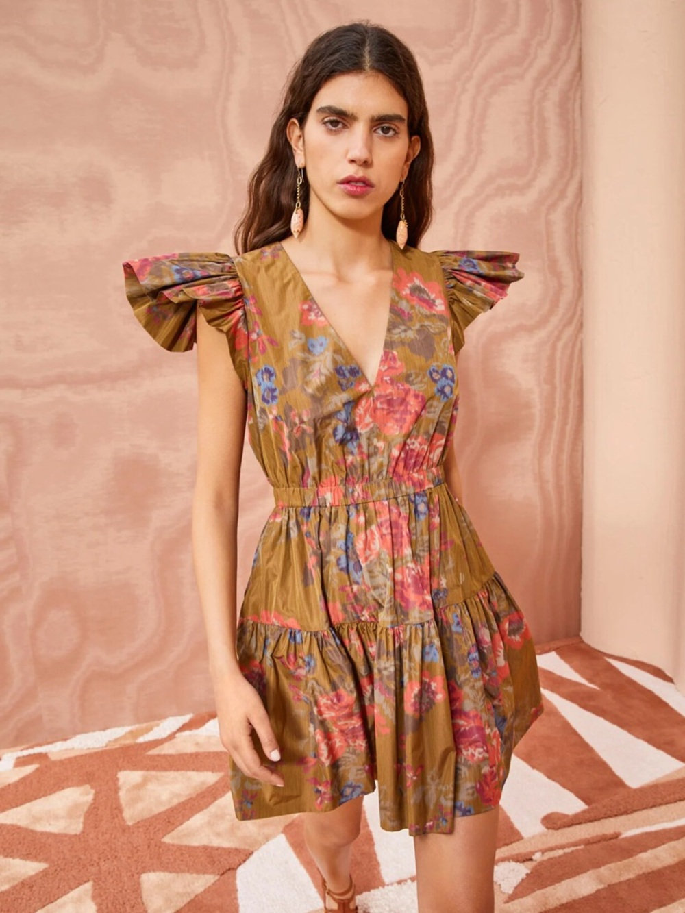 ULLA JOHNSON Loretta Ruffle Sleeve Bamboo Floral Tiered Mini Dress \\ 2